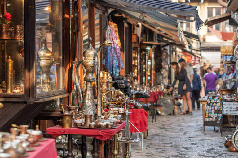 Tradigional girf shops in historical center of Sarajevo, Bascarsija. Shopping bosnian souvenirs in Sarajevo old town